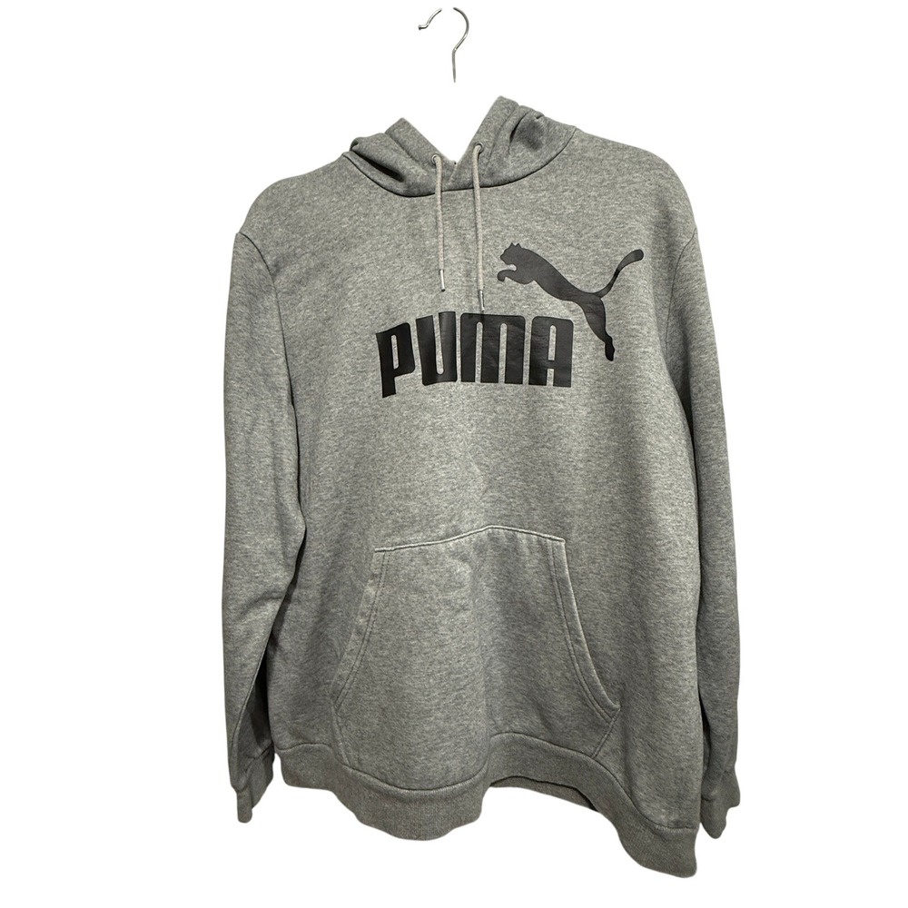 Puma Big Logo Hoodie Mens XL Heather Grey Pullover‎ Sweatshirt Fleece